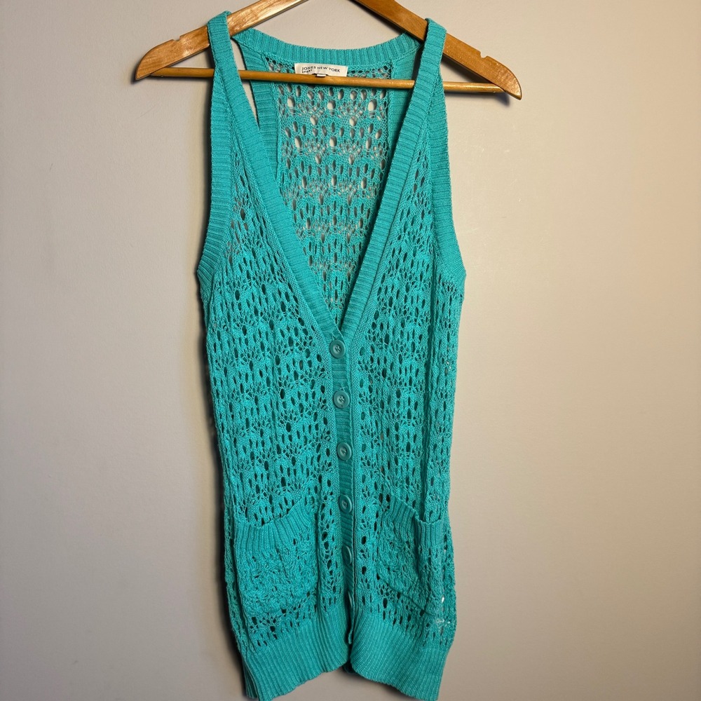 Jones New York Sport Sleeveless Button Front Cardigan Crochet Knit Size Large